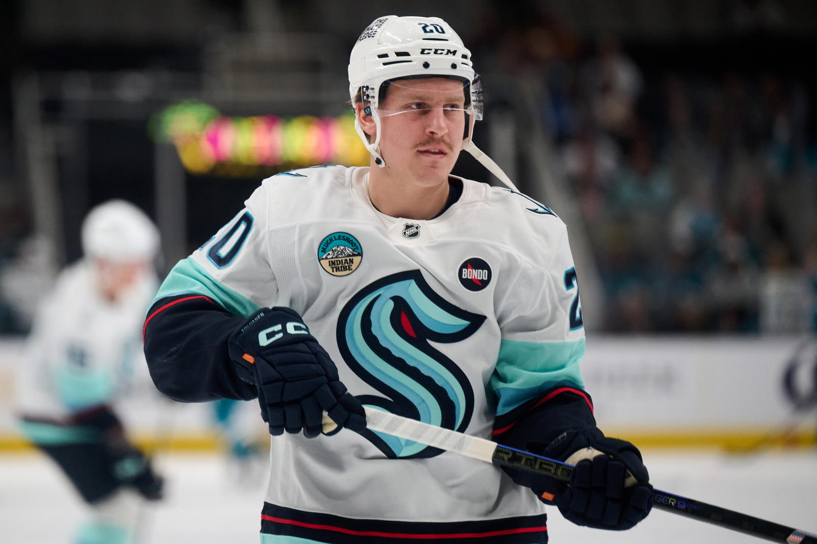 Seattle Kraken right wing Eeli Tolvanen (20) warms up before the game against the San Jose Sharks at SAP Center at San Jose. Mandatory Credit: Robert Edwards-Imagn Images