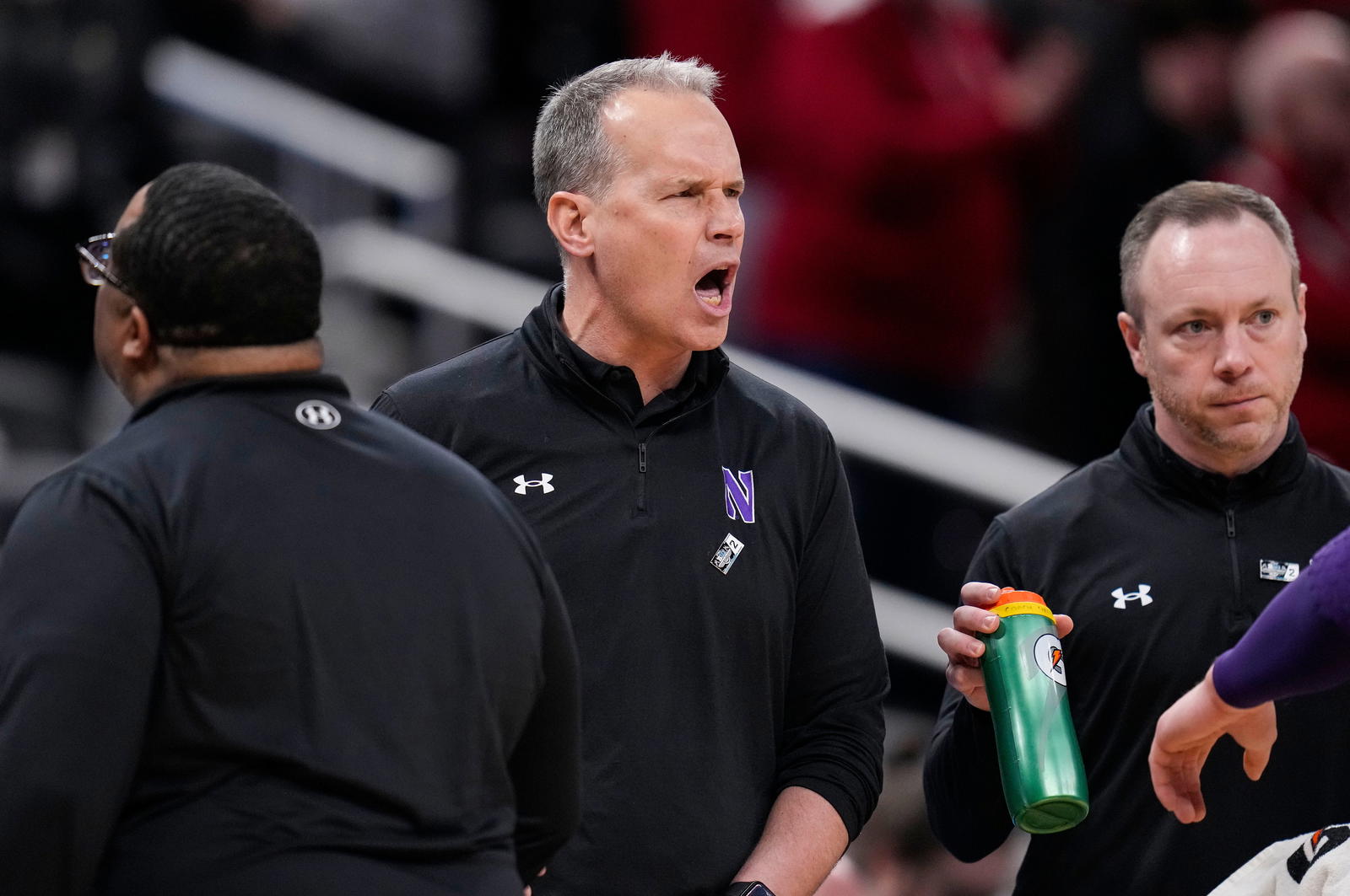 Northwestern Wildcats head coach Chris Collins yells to players on the court Thursday, March 13, 2025, during the second round of the men's Big Ten tournament at Gainbridge Fieldhouse in Indianapolis. The Wisconsin Badgers defeated the Northwestern Wildcats, 70-63. Credit:&nbsp;© Grace Hollars/IndyStar / USA TODAY NETWORK via Imagn Images