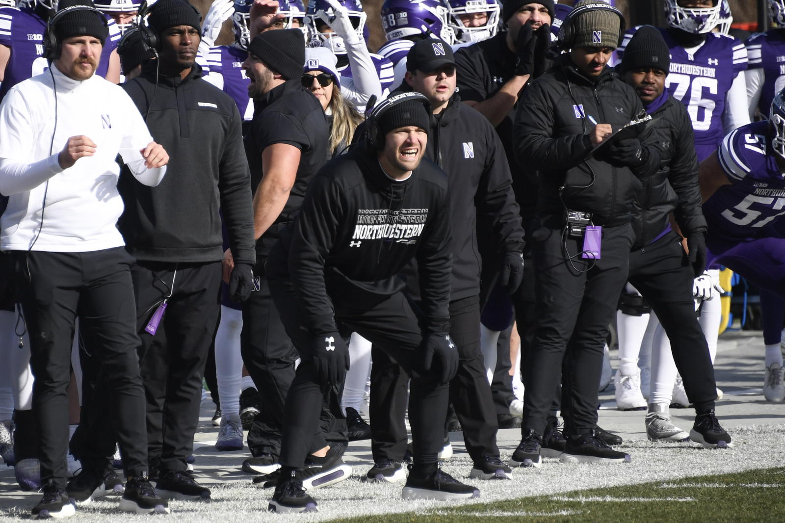 Nov 30, 2024; Chicago, Illinois, USA; Northwestern Wildcats head coach David Braun looks on during the first half against Illinois Fighting Illini at Wrigley Field. Mandatory Credit: Matt Marton-Imagn Images