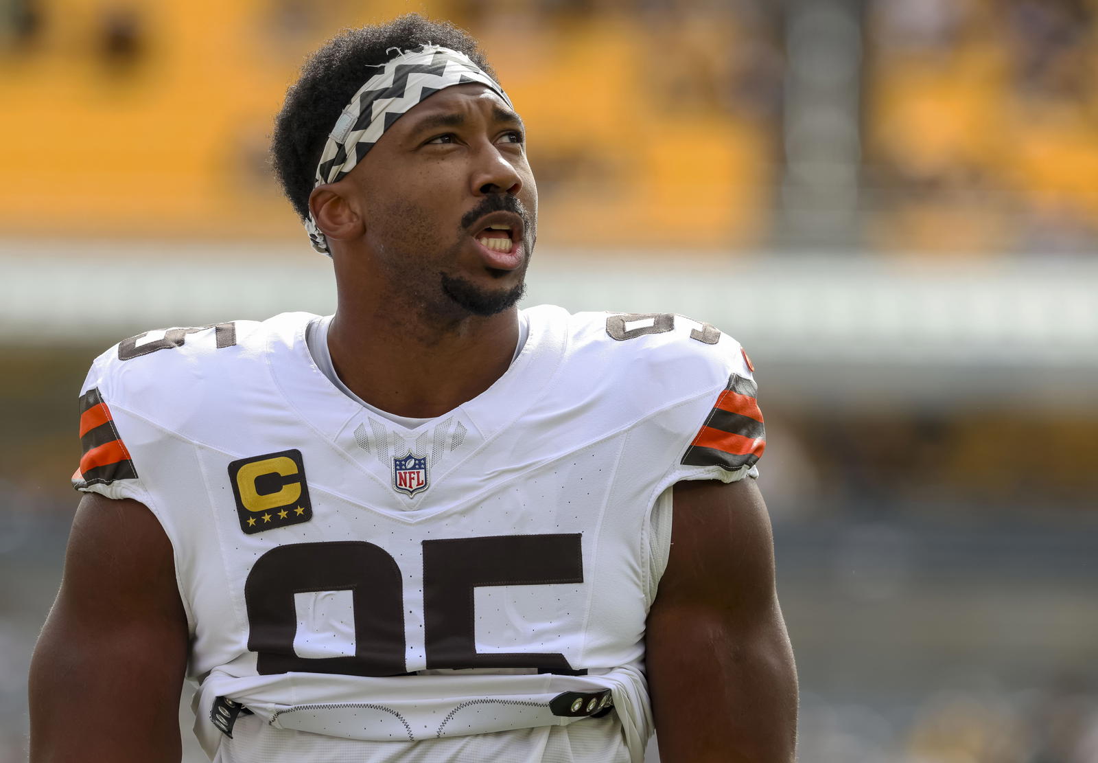 Cleveland Browns defensive end Myles Garrett. Credit:&nbsp;Charles LeClaire-Imagn Images.