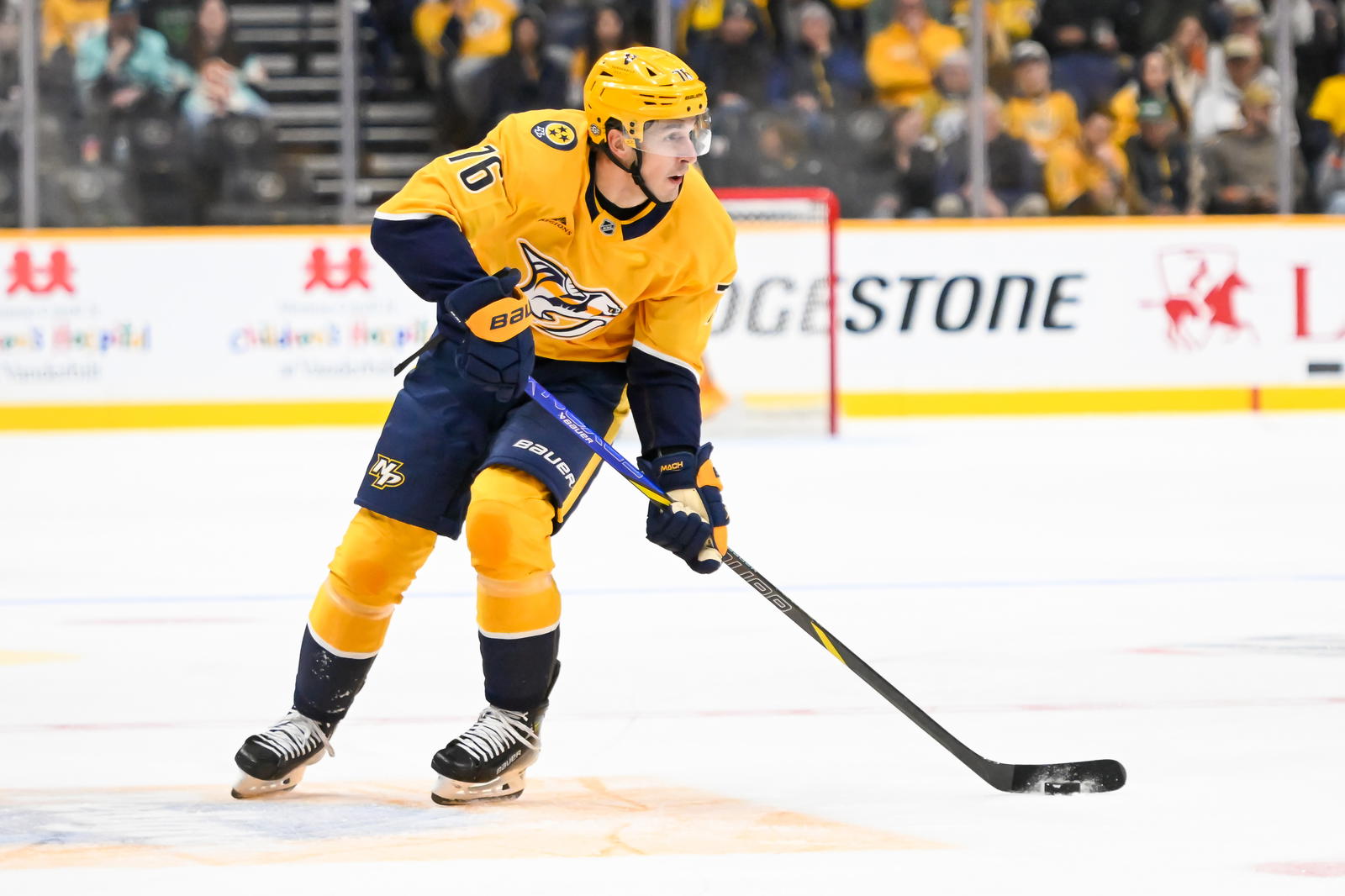 Oct 15, 2024; Nashville, Tennessee, USA; Nashville Predators defenseman Brady Skjei (76) skates against the Seattle Kraken during the third period at Bridgestone Arena. Mandatory Credit: Steve Roberts-Imagn Images