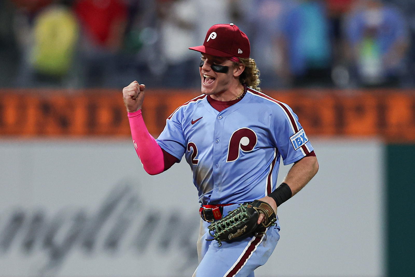 Sep 25, 2025; Philadelphia, Pennsylvania, USA; Philadelphia Phillies outfielder Harrison Bader (2) reacts as he runs off the field after a victory against the Miami Marlins at Citizens Bank Park. Mandatory Credit: Bill Streicher-Imagn Images