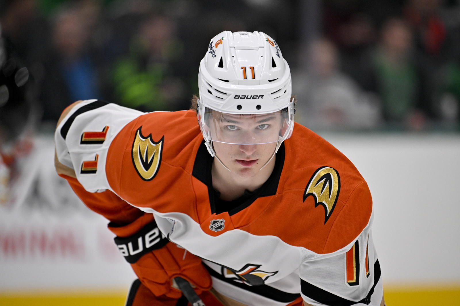 Mar 18, 2025; Dallas, Texas, USA; Anaheim Ducks center Trevor Zegras (11) during the first period against the Dallas Stars at the American Airlines Center. Mandatory Credit: Jerome Miron-Imagn Images