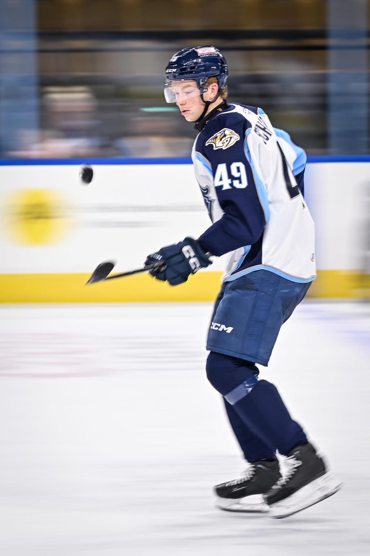 Milwaukee Admirals left wing Reid Schaefer (49) flips the puck off his stick while skating toward the goal in a shootout during a practice open to season ticket holders Wednesday, October 16, 2024, at the UW-Milwaukee Panther Arena in Milwaukee, Wisconsin.&nbsp;© Dave Kallmann / Milwaukee Journal Sentinel / USA TODAY NETWORK via Imagn Images