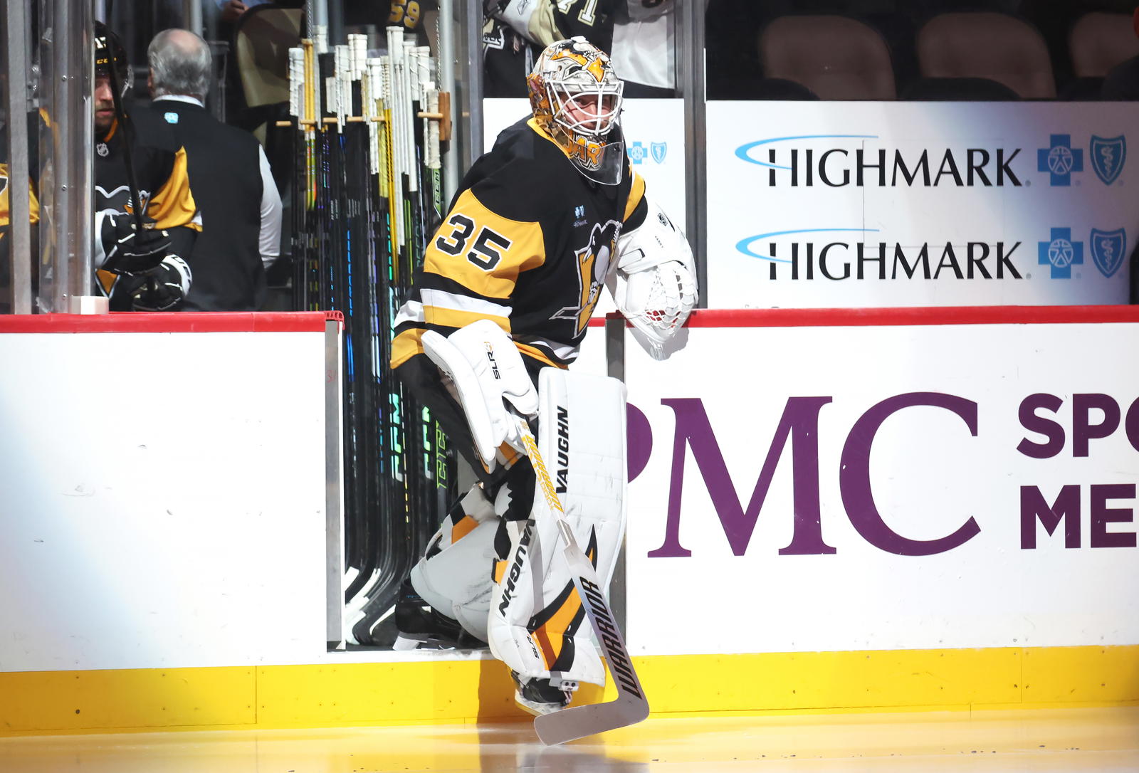 Apr 13, 2025; Pittsburgh, Pennsylvania, USA; Pittsburgh Penguins goaltender Tristan Jarry (35) takes the ice against the Boston Bruins at PPG Paints Arena. Mandatory Credit: Charles LeClaire-Imagn Images