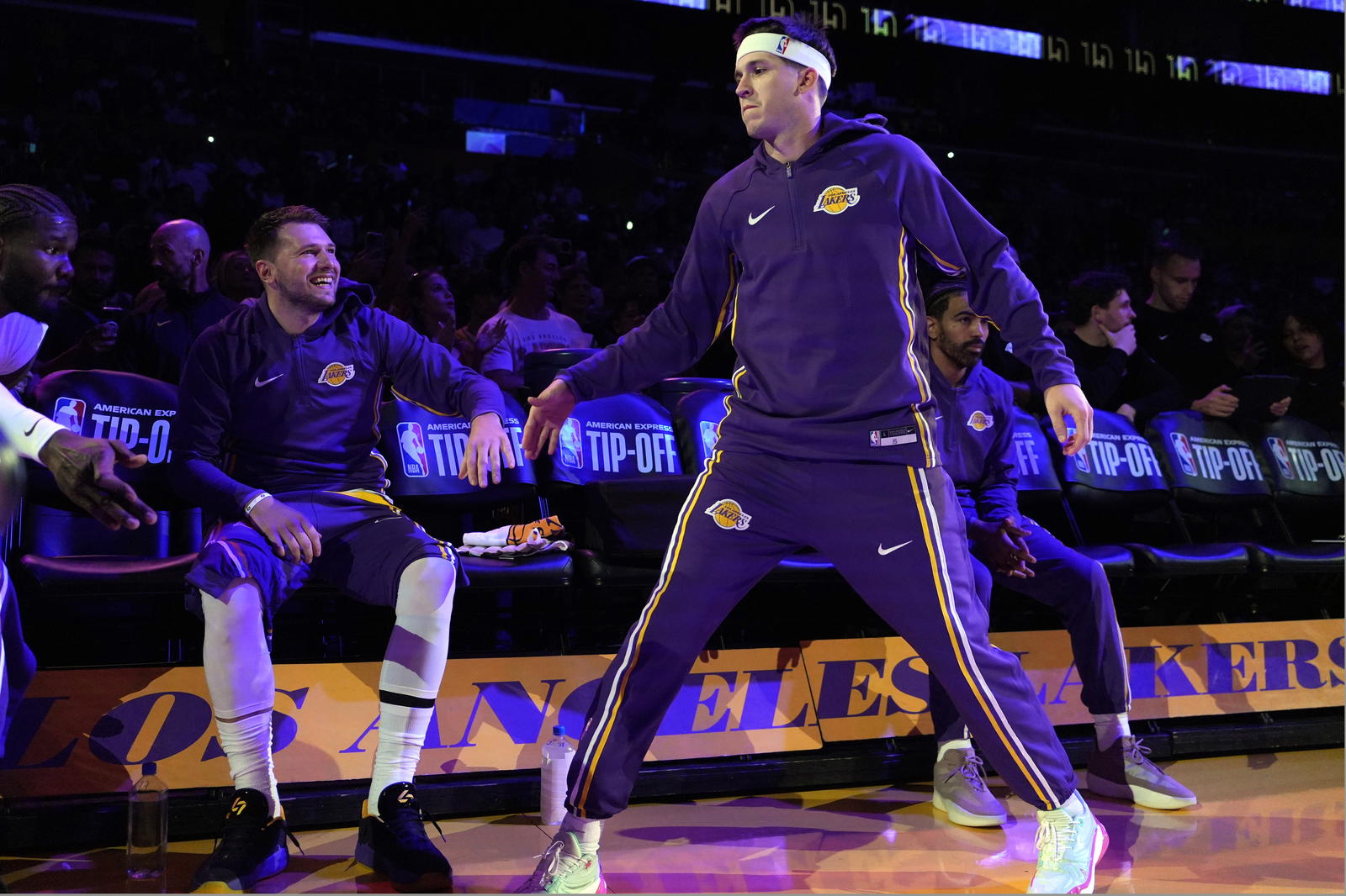 Los Angeles Lakers guard Luka Doncic (left) and guard Austin Reaves (15) interact before the game against the Minnesota Timberwolves at Crypto.com Arena.&nbsp;Kirby Lee-Imagn Images