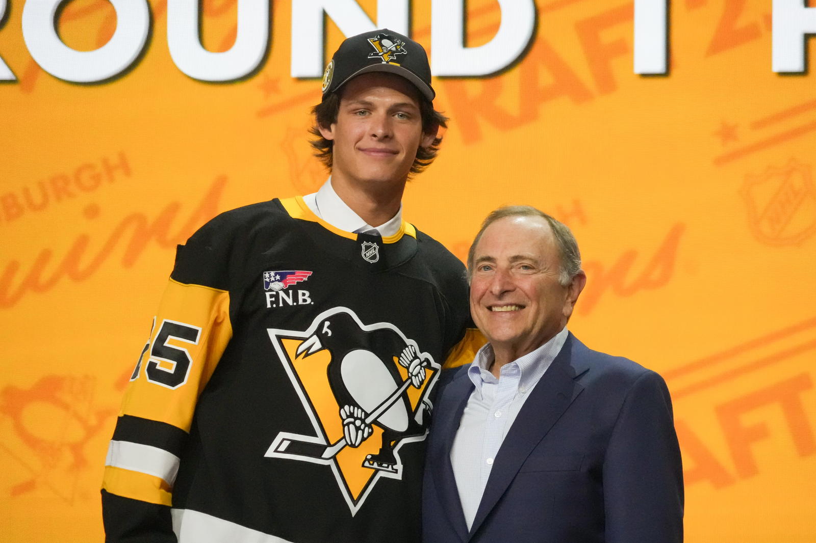 Jun 27, 2025; Los Angeles, California, USA; William Horcoff is selected as the 24th overall pick to the Pittsburgh Penguins in the first round of the 2025 NHL Draft at Peacock Theater. Mandatory Credit: Kirby Lee-Imagn Images
