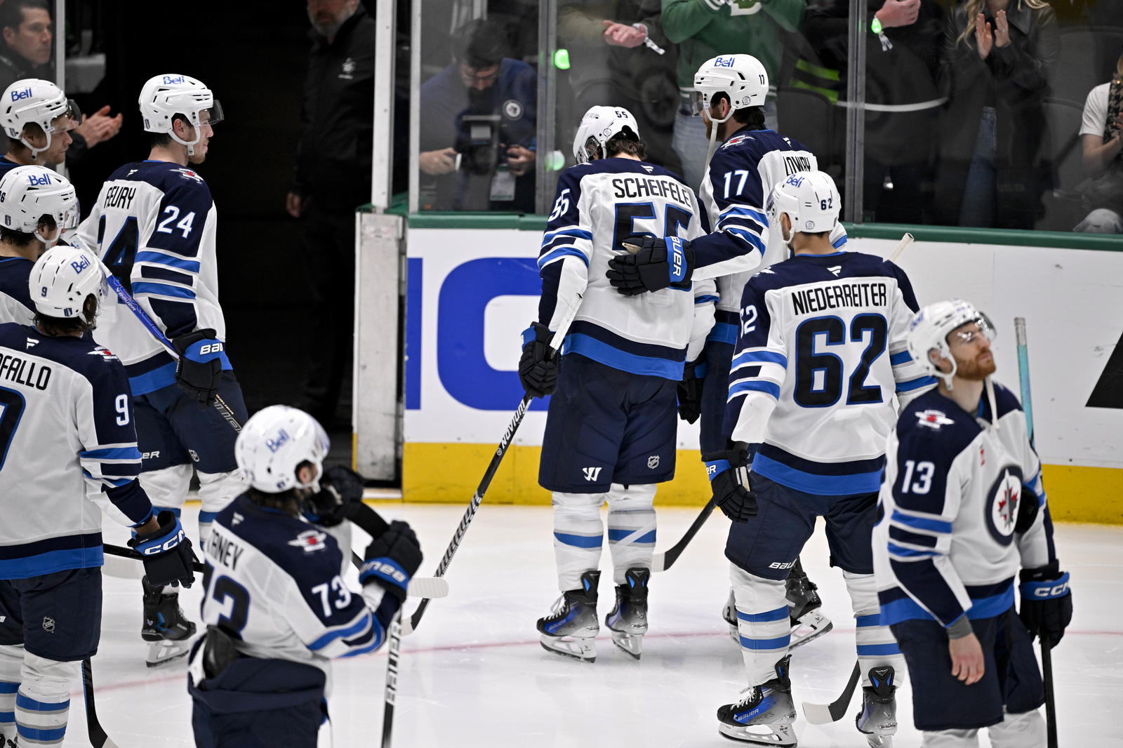 The Winnipeg Jets skate off the ice after being eliminated in Game 6 of the second round against the Dallas Stars during the 2025 Stanley Cup playoffs. (Jerome Miron-Imagn Images)