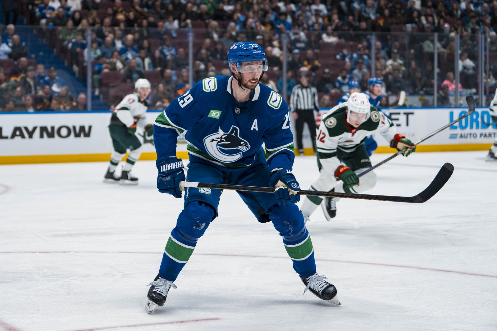 Apr 12, 2025; Vancouver, British Columbia, CAN; Vancouver Canucks defenseman Marcus Pettersson (29) skates against the Minnesota Wild in the first period at Rogers Arena. Mandatory Credit: Bob Frid-Imagn Images