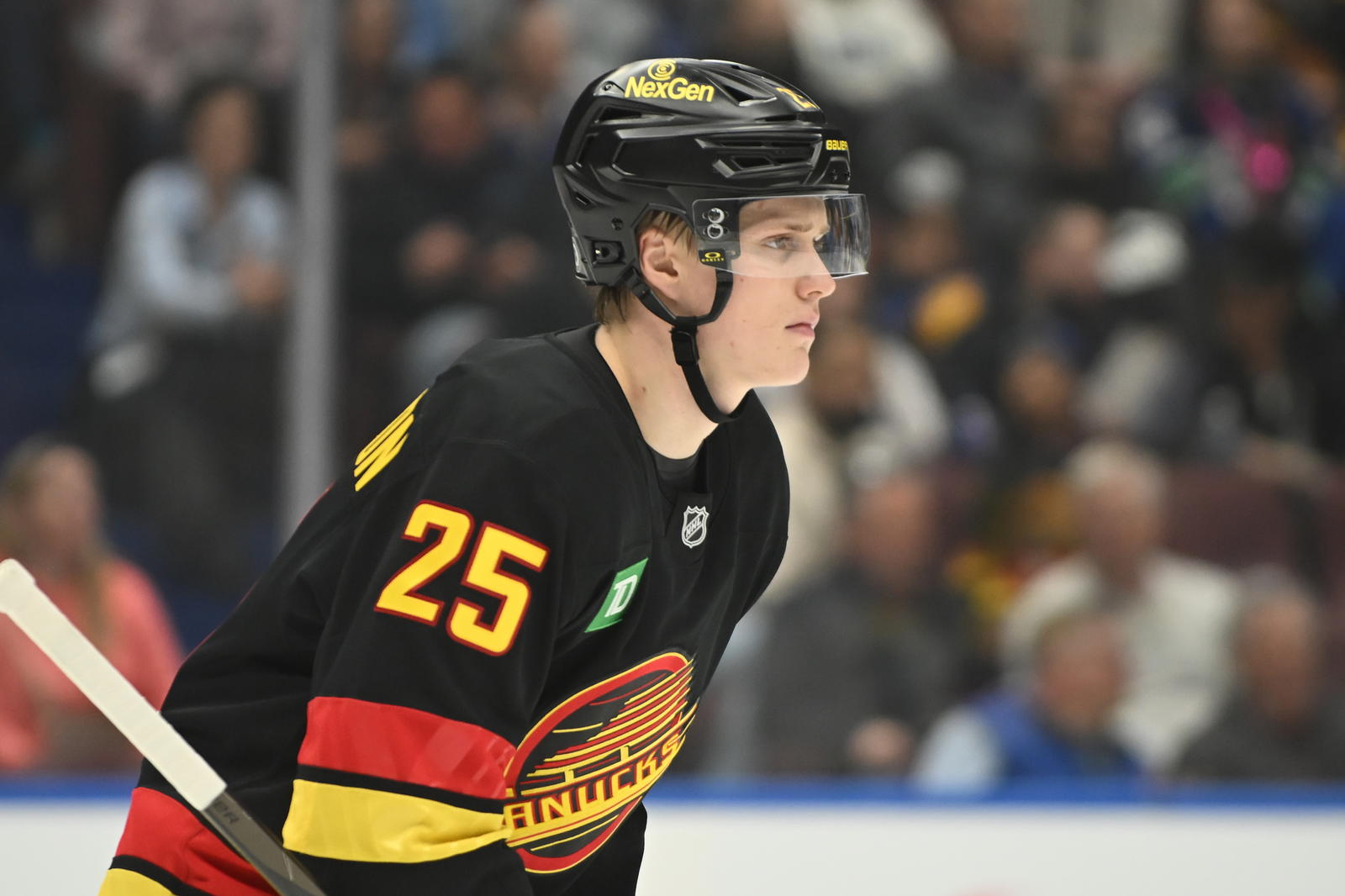 Apr 5, 2025; Vancouver, British Columbia, CAN; Vancouver Canucks defenseman Elias Pettersson (25) skates between play during the first period against the Anaheim Ducks at Rogers Arena. Mandatory Credit: Anne-Marie Sorvin-Imagn Images