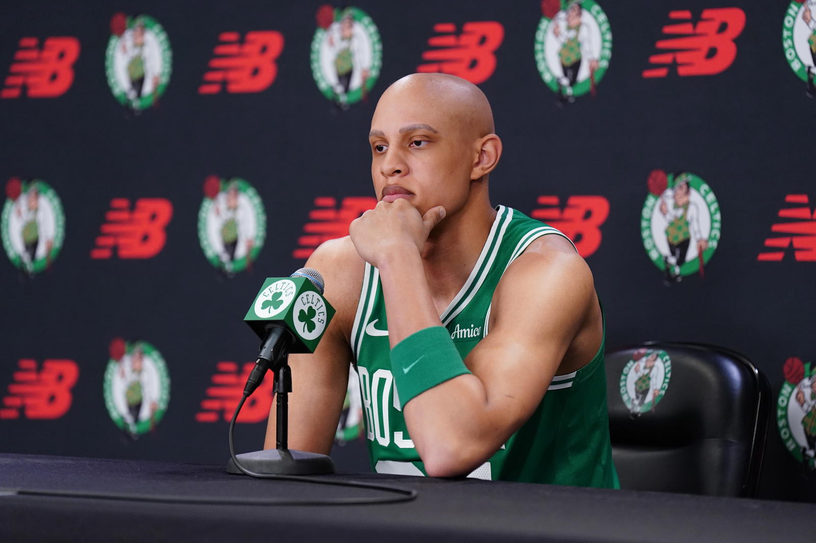 Sep 29, 2025; Boston, MA, USA; Boston Celtics guard Jordan Walsh (27) talks with reporters during media day at the Auerbach Center. (David Butler II/Imagn Images)
