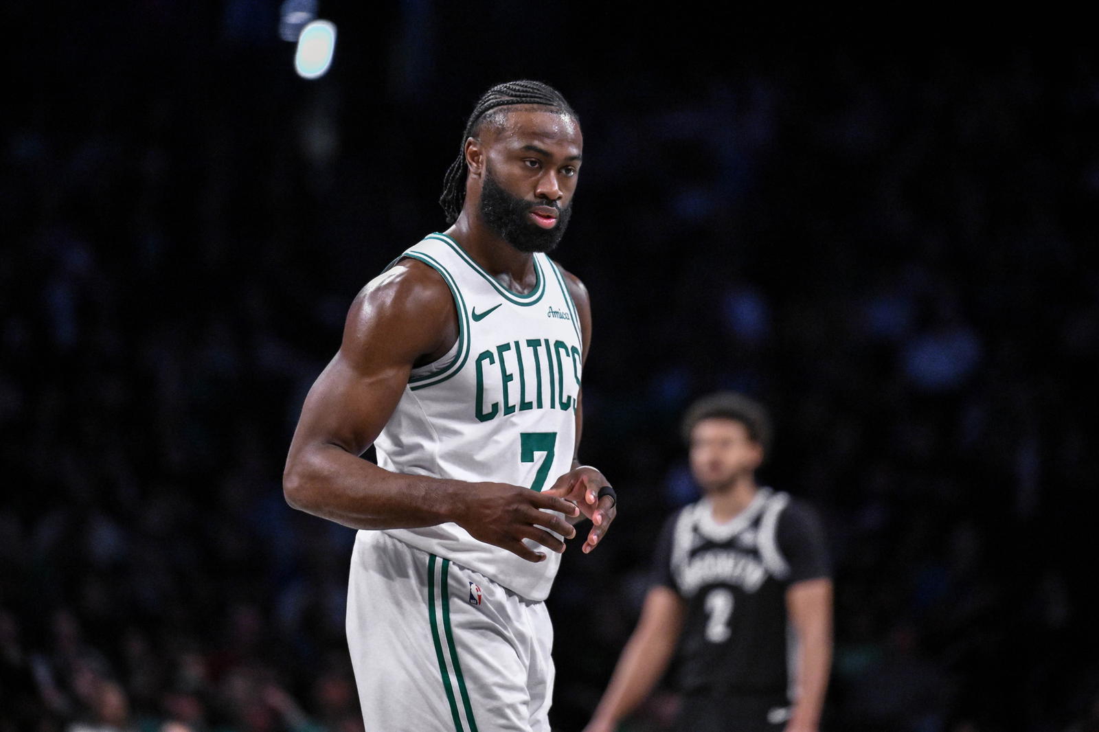 Mar 15, 2025; Brooklyn, New York, USA; Boston Celtics guard Jaylen Brown (7) during a game against the Brooklyn Nets at Barclays Center. (John Jones/Imagn Images)