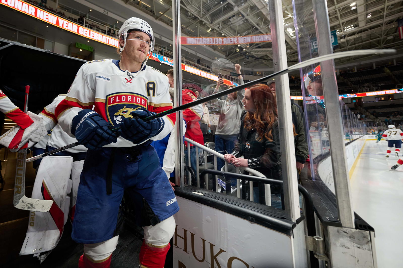Jan 25, 2025; San Jose, California, USA; Florida Panthers left wing Matthew Tkachuk (19) walks to the ice for warmups before the game against the San Jose Sharks at SAP Center at San Jose. (Robert Edwards-Imagn Images)