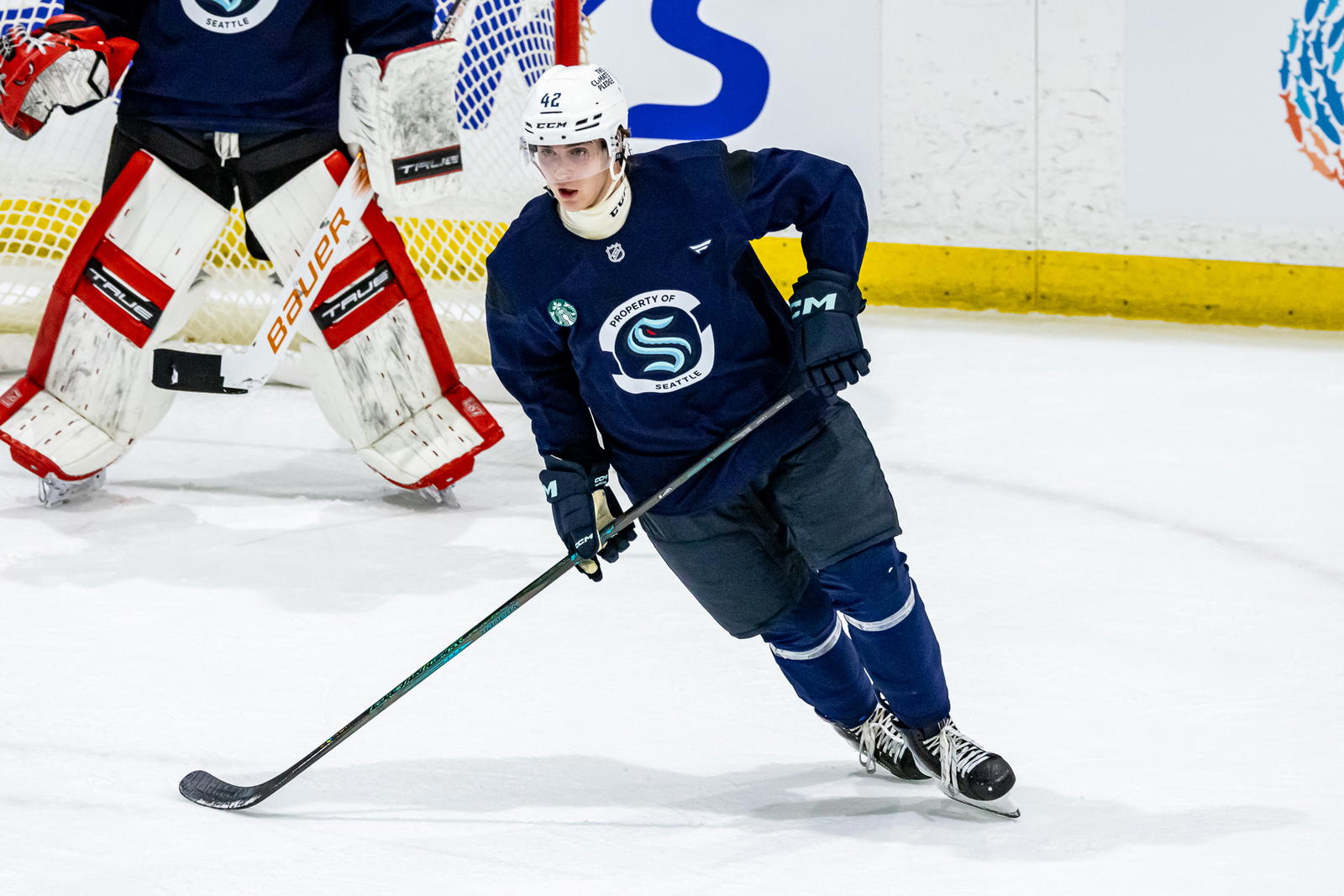 5th Round pick (134th Overall) Maxim Agafanov (42) looks for a pass during small ice drill. Photo by - Andy Glass