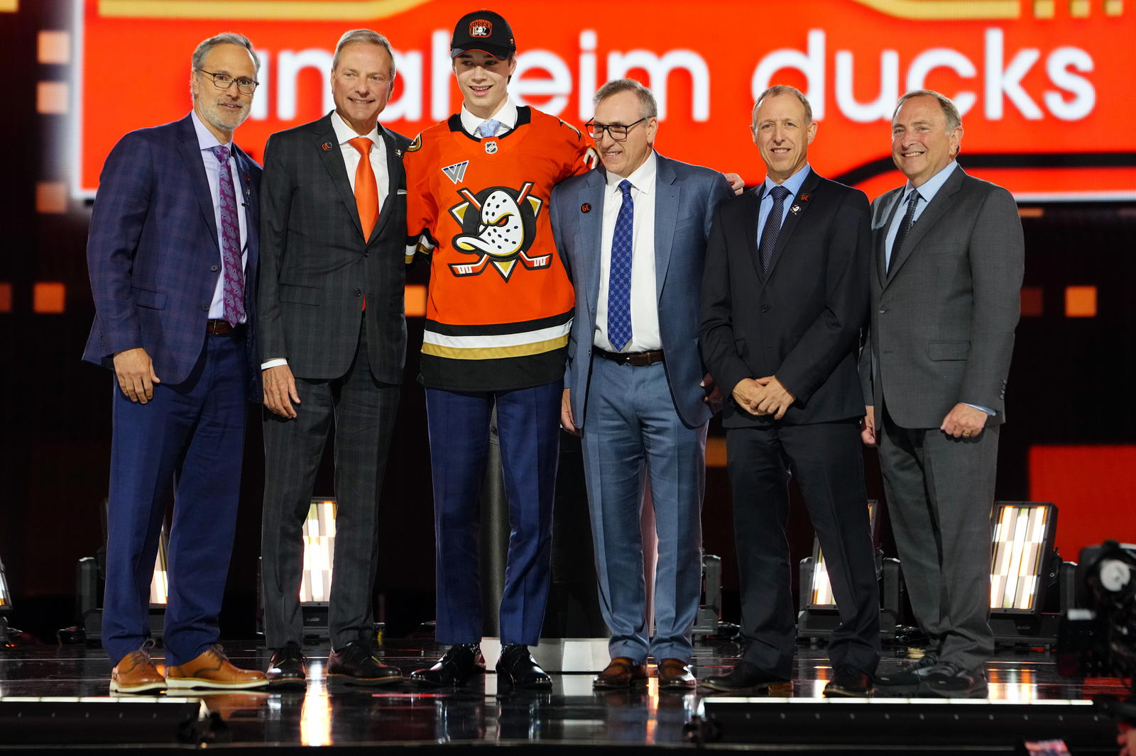 Jun 28, 2024; Las Vegas, Nevada, USA; Beckett Sennecke is selected with the 3rd overall pick in the first round of the 2024 NHL Draft by the Anaheim Ducks at The Sphere. Mandatory Credit: Stephen R. Sylvanie-Imagn Images