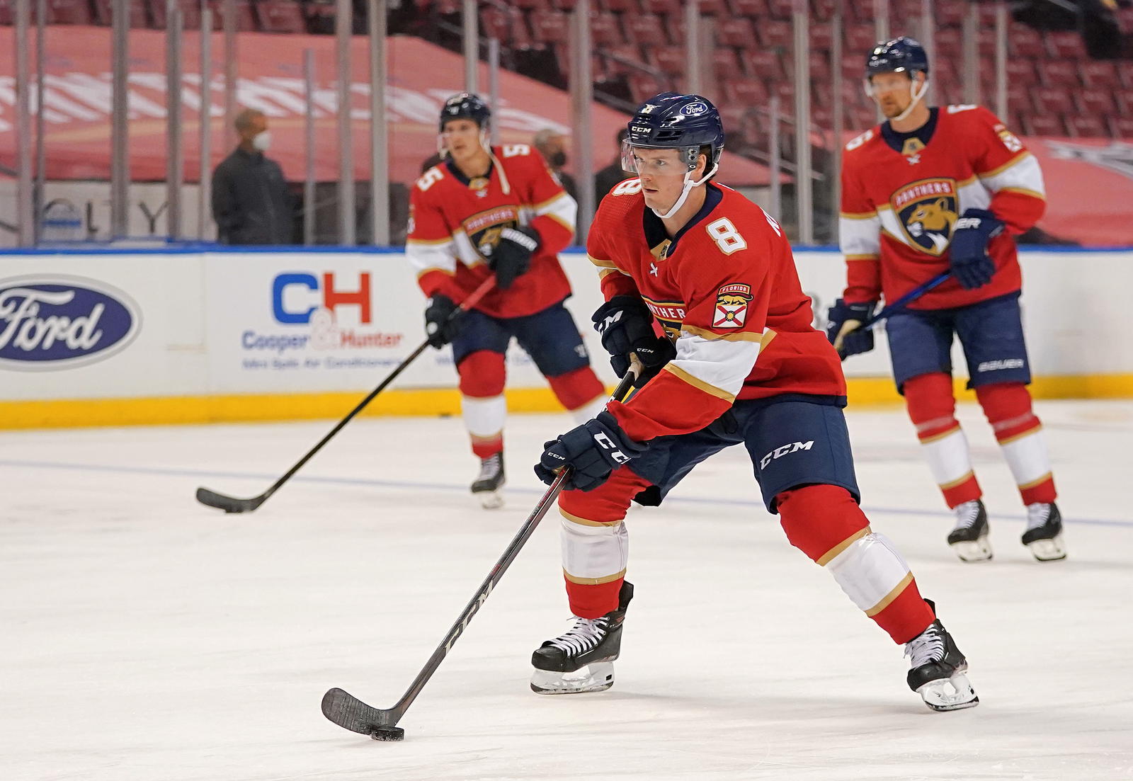 Apr 4, 2021; Sunrise, Florida, USA; Florida Panthers defenseman Matt Kiersted (8) warms up prior to the game against the Columbus Blue Jackets at BB&amp;T Center. Mandatory Credit: Jasen Vinlove-Imagn Images.