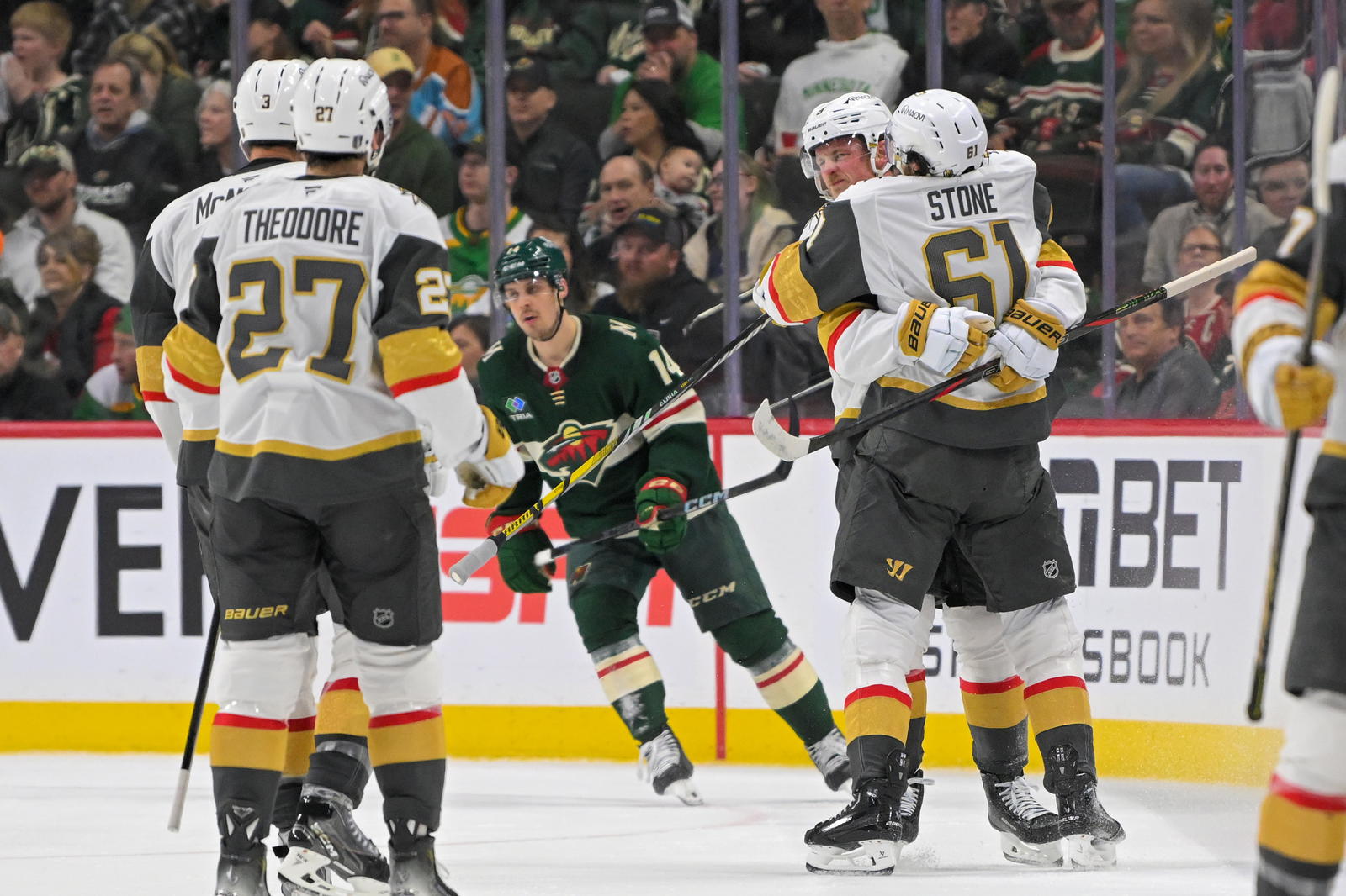 May 1, 2025; Saint Paul, Minnesota, USA; Vegas Golden Knights forward Jack Eichel (9) celebrates his goal against the Minnesota Wild with forward Mark Stone (61) during the second period in game six of the first round of the 2025 Stanley Cup Playoffs at Xcel Energy Center. Mandatory Credit: Nick Wosika-Imagn Images.