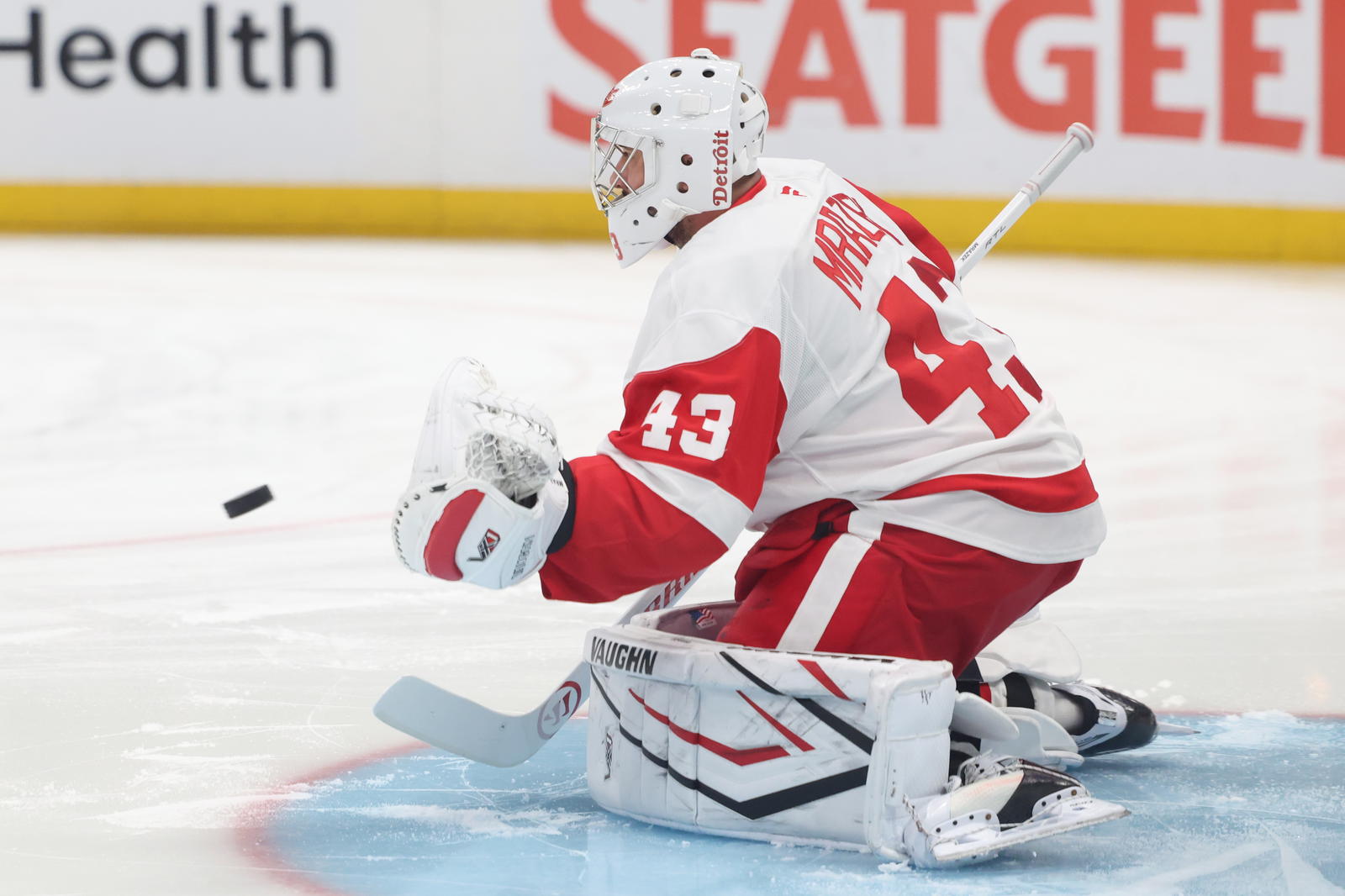 Mar 24, 2025; Salt Lake City, Utah, USA; Detroit Red Wings goaltender Petr Mrazek (43) warms up before a game against the Utah Hockey Club at Delta Center. Mandatory Credit: Rob Gray-Imagn Images