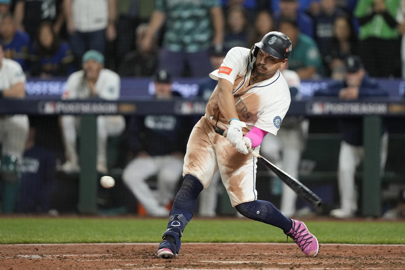 Seattle Mariners first baseman Josh Naylor (12) singles against the Detroit Tigers seventh inning during game five of the ALDS round for the 2025 MLB playoffs at T-Mobile Park. Stephen Brashear-Imagn Images