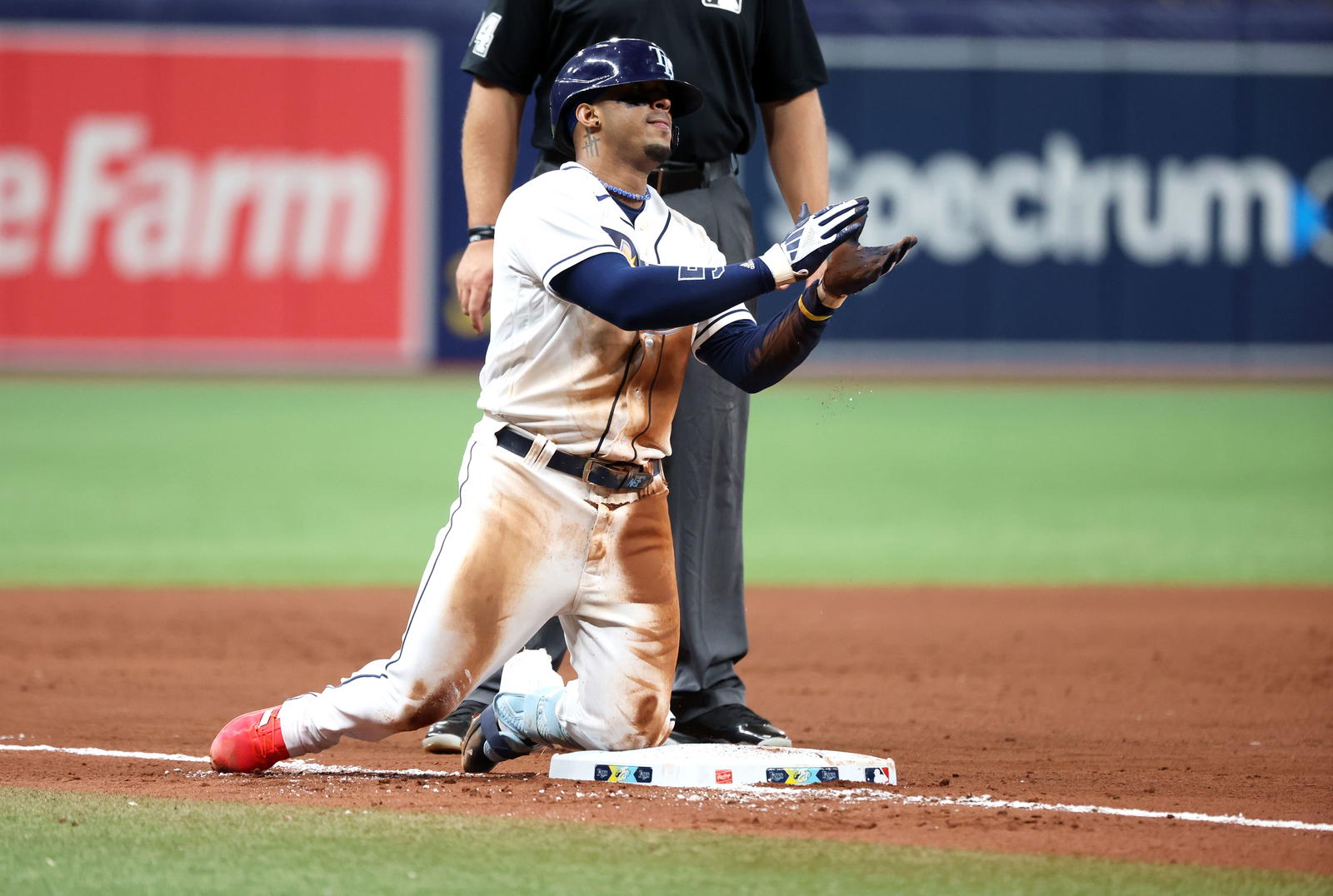 Tampa Bay Rays shortstop Wander Franco (5) celebrates after he hit s RBI triple against the St. Louis Cardinals at Tropicana Field in 2023. Kim Klement Neitzel-Imagn Images