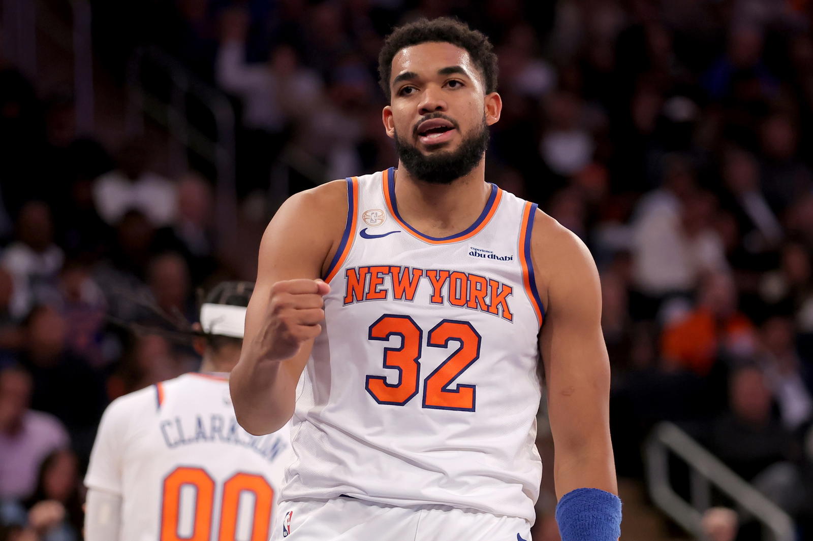 Oct 22, 2025; New York, New York, USA; New York Knicks center Karl-Anthony Towns (32) reacts during the fourth quarter against the Cleveland Cavaliers at Madison Square Garden. (Brad Penner/Imagn Images)