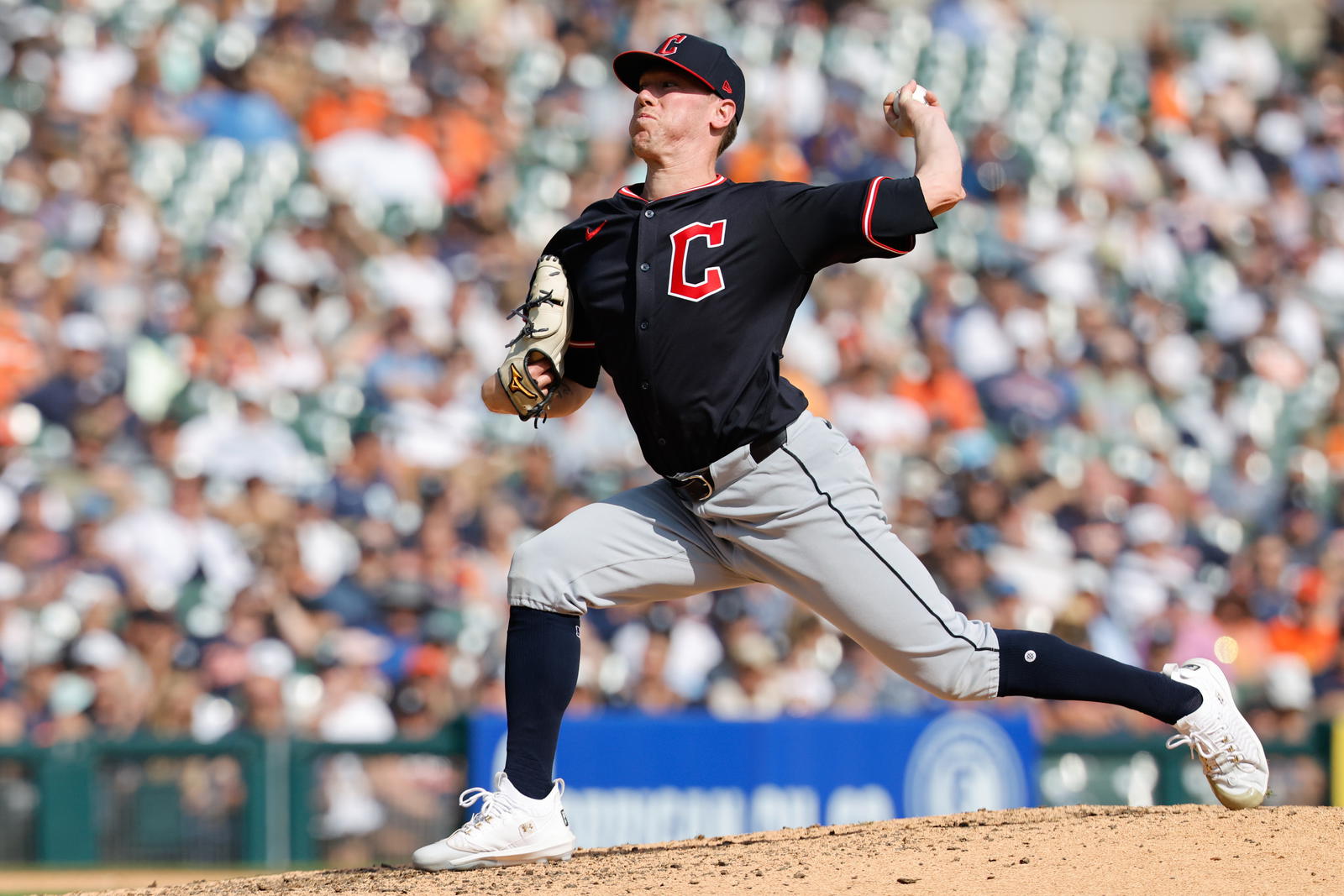 Sep 18, 2025; Detroit, Michigan, USA; Cleveland Guardians pitcher Kolby Allard (49) pitches in the eighth inning against the Detroit Tigers at Comerica Park. Mandatory Credit: Rick Osentoski-Imagn Images