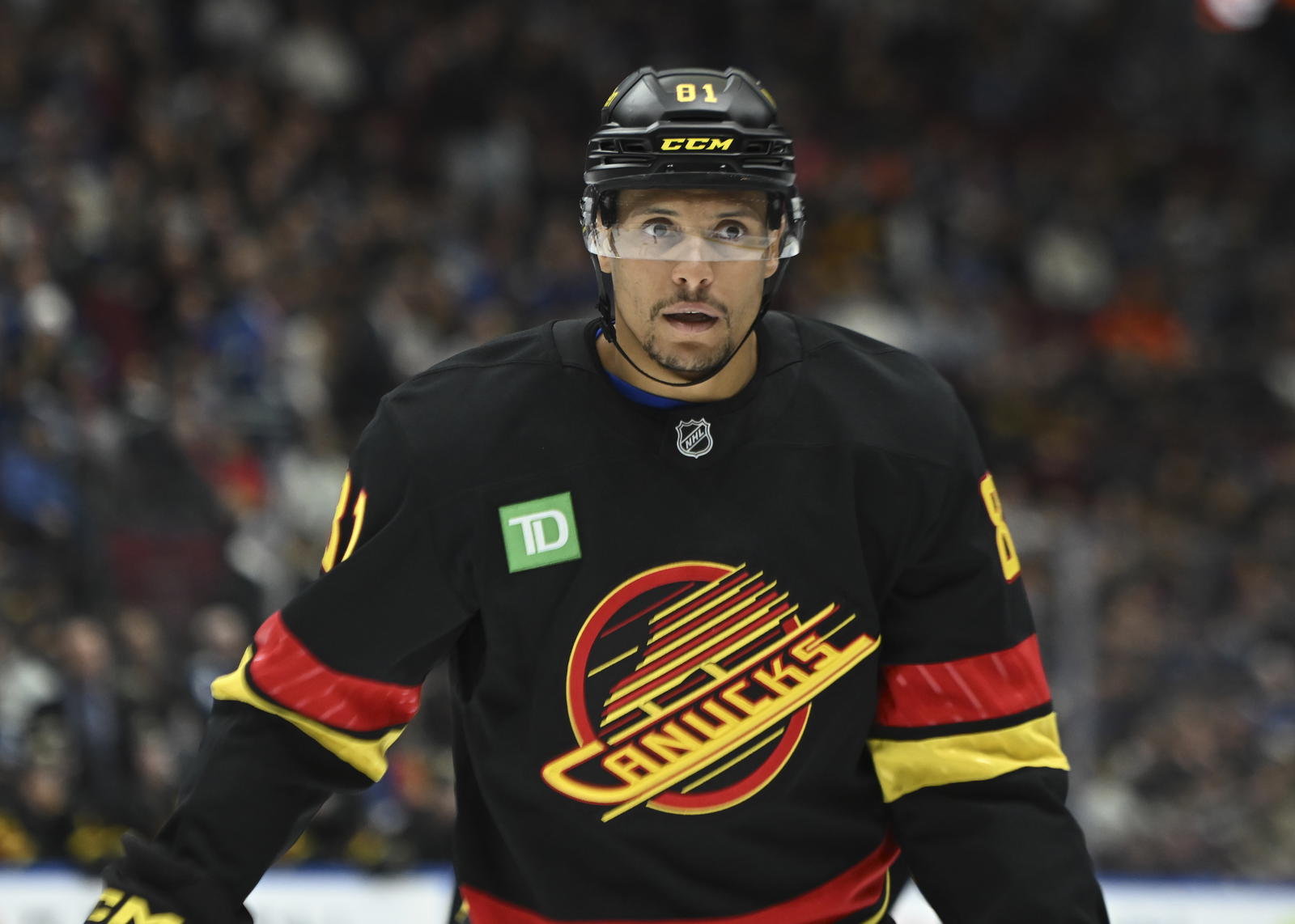 Mar 5, 2025; Vancouver, British Columbia, CAN; Vancouver Canucks forward Dakota Joshua (81) waits for the start of play Anaheim Ducks during the second period at Rogers Arena. Mandatory Credit: Simon Fearn-Imagn Images
