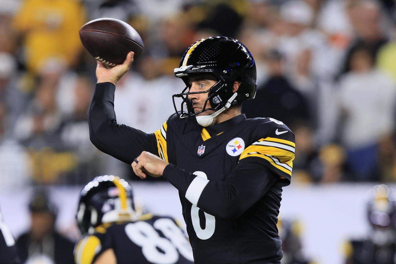 Pittsburgh Steelers quarterback Aaron Rodgers. Credit:&nbsp;Katie Stratman-Imagn Images.