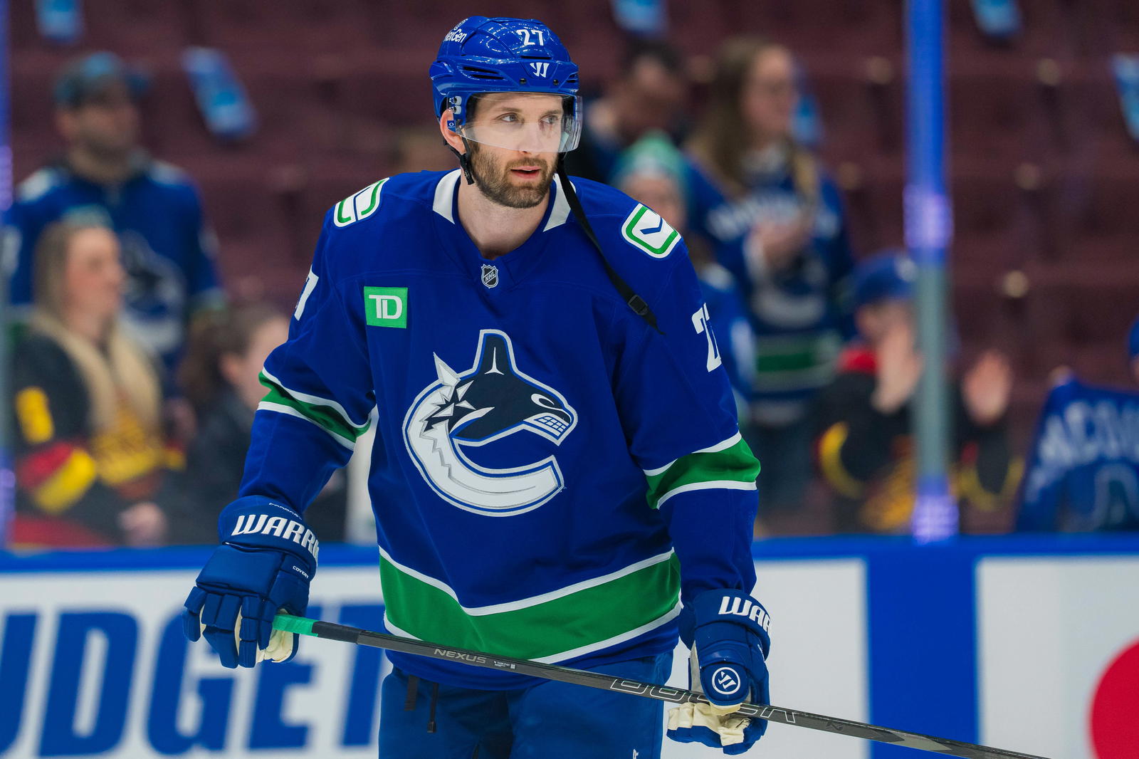 Mar 18, 2025; Vancouver, British Columbia, CAN; Vancouver Canucks defenseman Derek Forbort (27) skates during warm up against the Winnipeg Jets at Rogers Arena. Mandatory Credit: Bob Frid-Imagn Images