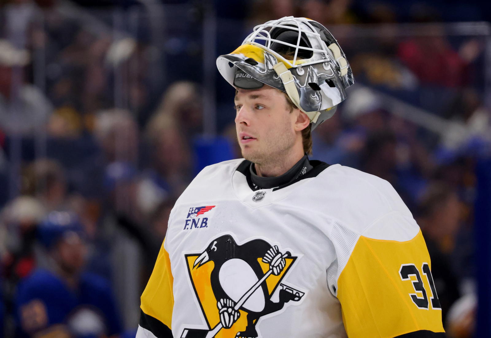 Sep 21, 2024; Buffalo, New York, USA; Pittsburgh Penguins goalie Filip Larsson (31) during a stoppage in play against the Buffalo Sabres during the second period at KeyBank Center. (Timothy T. Ludwig-Imagn Images)