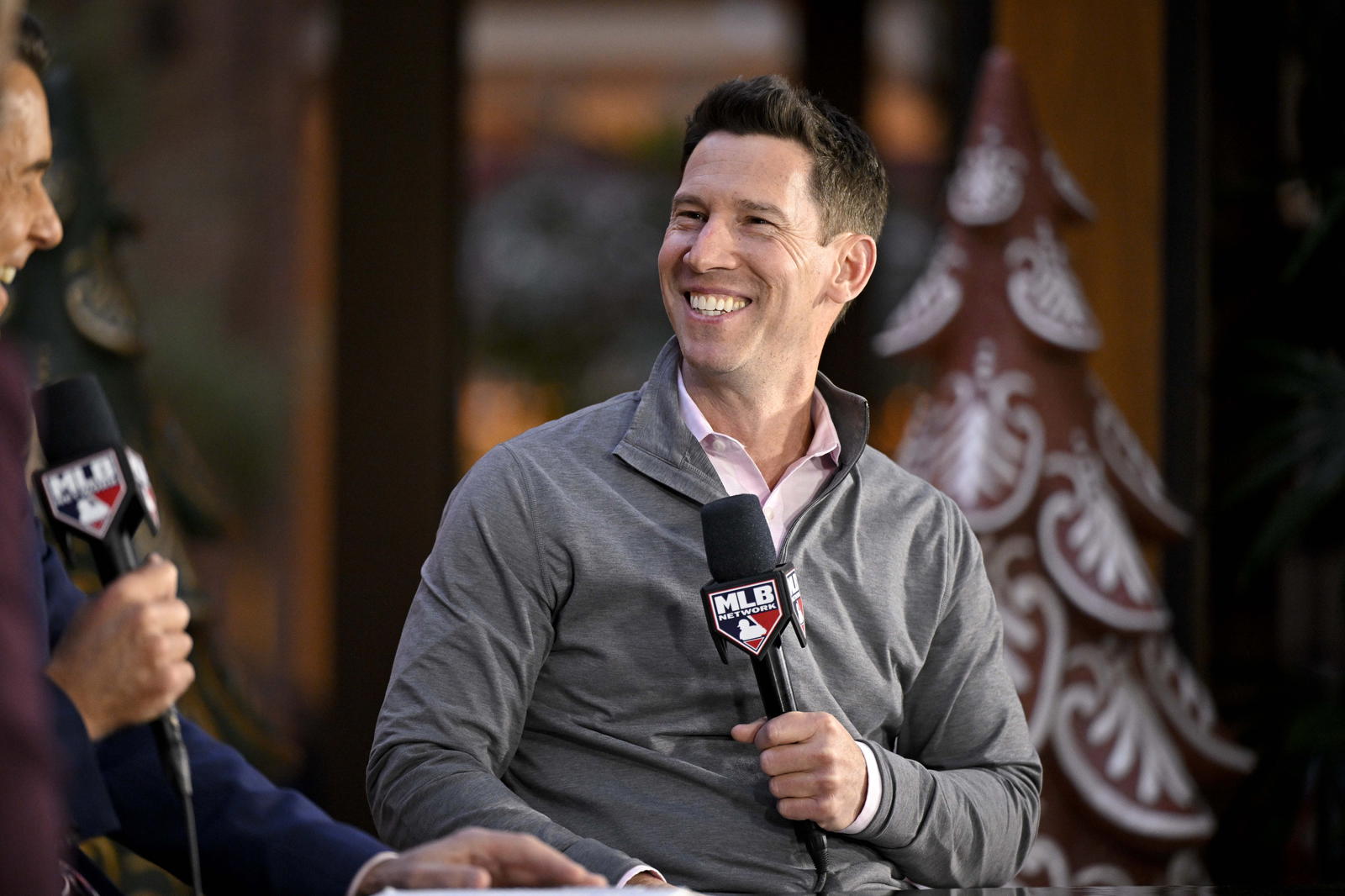 Dec 9, 2024; Dallas, TX, USA; Boston Red Sox chief baseball officer Craig Breslow speaks with the media at the Hilton Anatole during the 2024 MLB Winter Meetings. (Jerome Miron/Imagn Images)